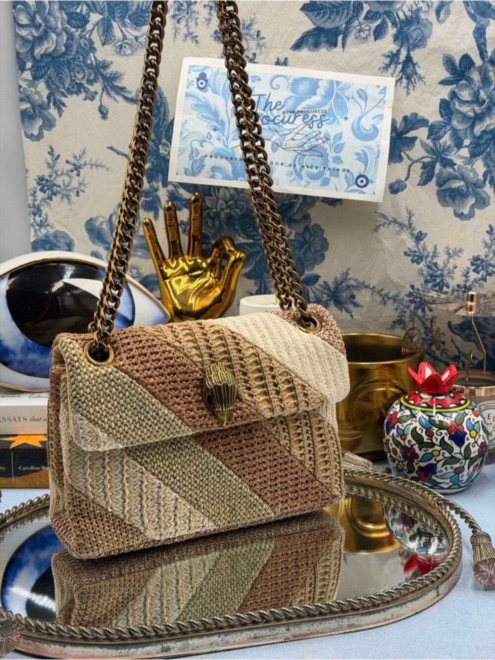 🆕 KURT GEIGER LONDON 🧿 NWOT Mini Straw Kensington Bag, Tan Combination Weave